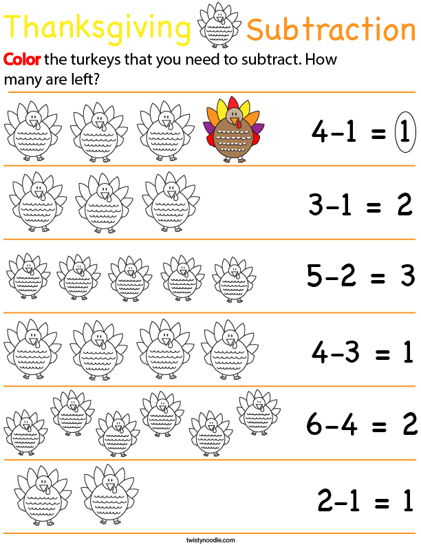 Preschool Math Thanksgiving Subtraction Math Worksheet Twisty Noodle